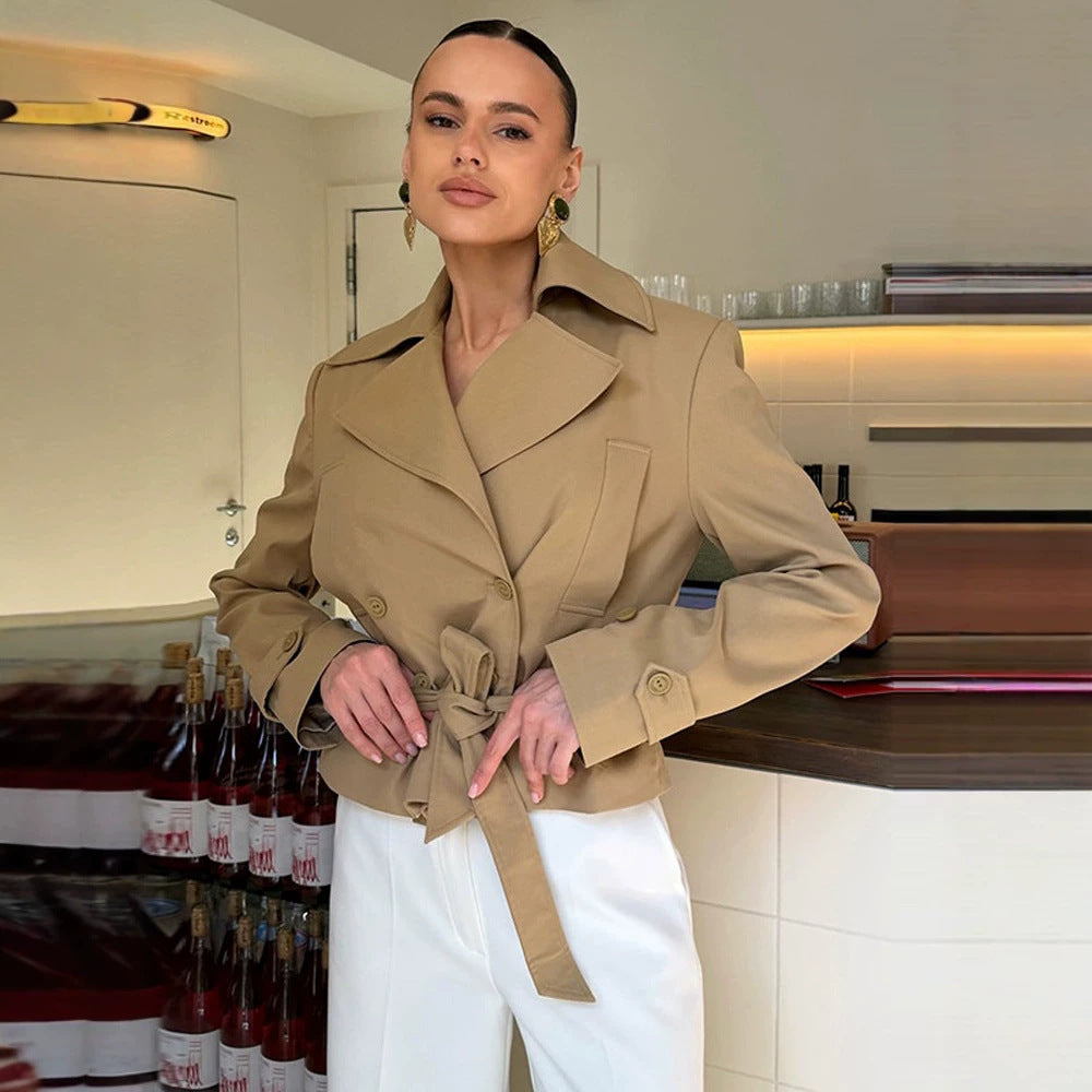 Women Tailored Trench Set with Peplum, Tied Belt & Pencil Skirt Mune Fashion