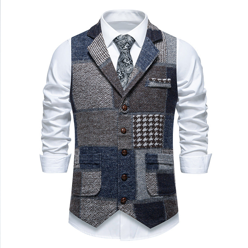 Men's nan Patchwork Vest with Notched Lapel Button Placket and Patch Pockets Mune Fashion