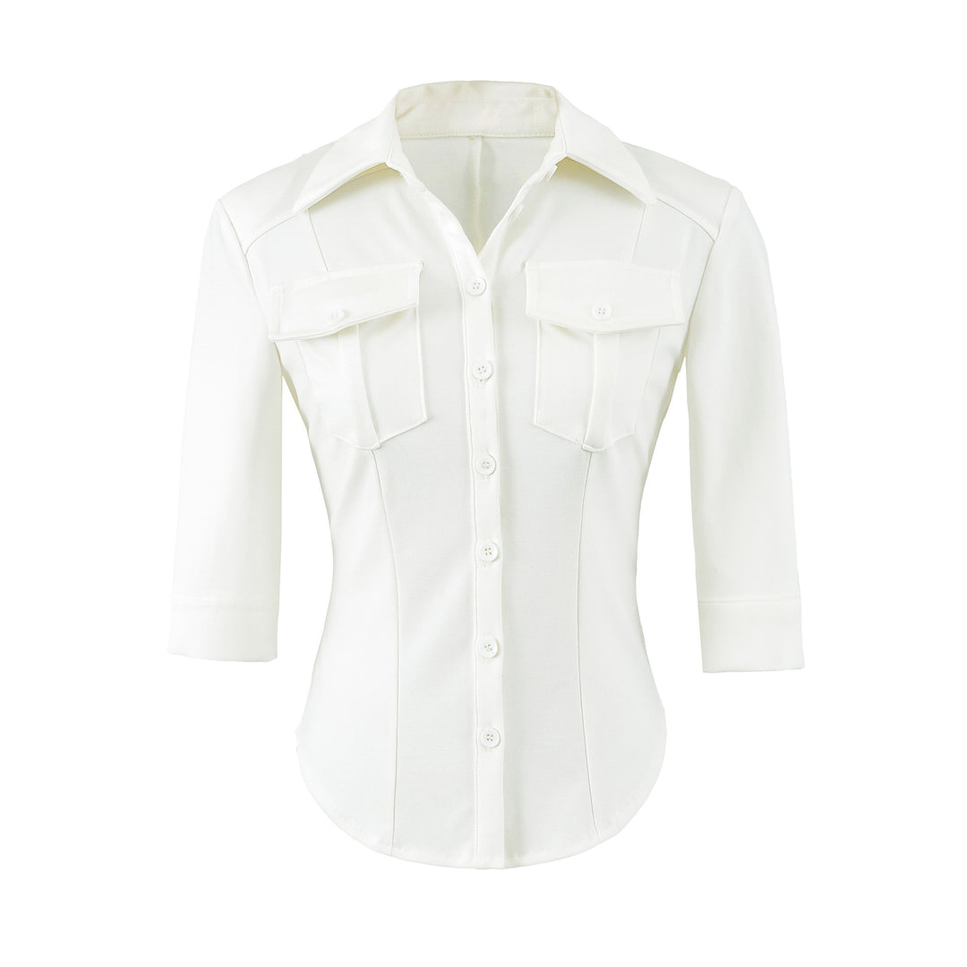 Women's fitted shirt blouse with chest pockets and fitted darts Mune Fashion