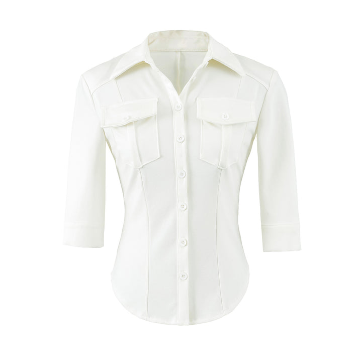 Women's fitted shirt blouse with chest pockets and fitted darts Mune Fashion