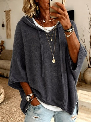 Women's oversized knit poncho with hood and short sleeves Mune Fashion