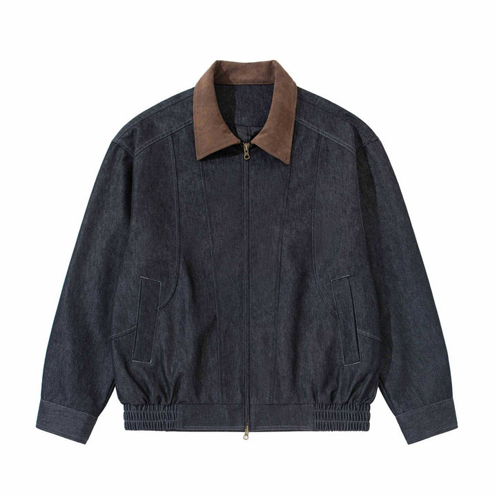 Men's Boxy Denim Blouson Jacket with Suede Collar and Elastic Hem Mune Fashion