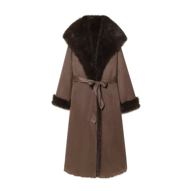 Women longer coat with faux fur trim and tie belt Mune Fashion