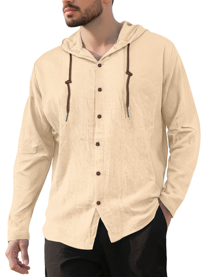 Men's textured linen blend hooded shirt with button placket, wood buttons, and side slits Mune Fashion