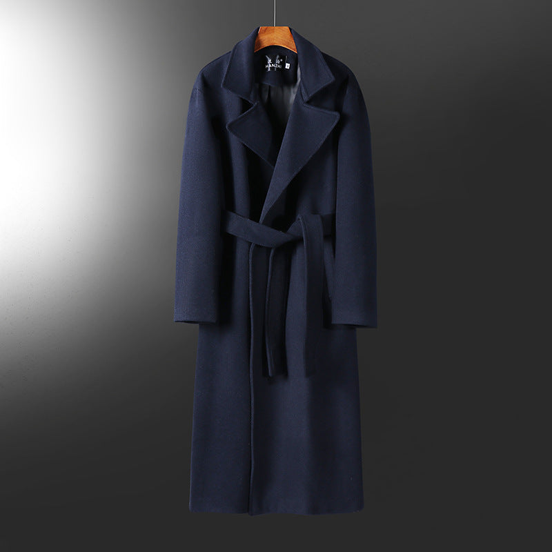 Men's extra long tailored wool blend coat with tie belt and wide shawl collar Mune Fashion