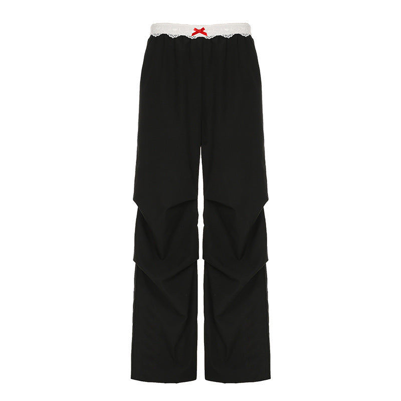 Women's Casual Layered Trousers with Lace Waistband and Decorative Bow Mune Fashion