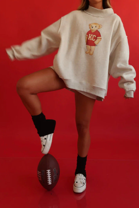 Women's oversized sweatshirt with teddy bear print and stand-up collar Mune Fashion