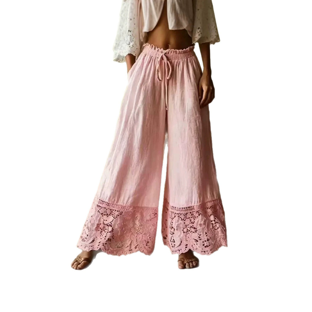 Women's loose linen pants with elastic drawstring waistband and lace trim Mune Fashion