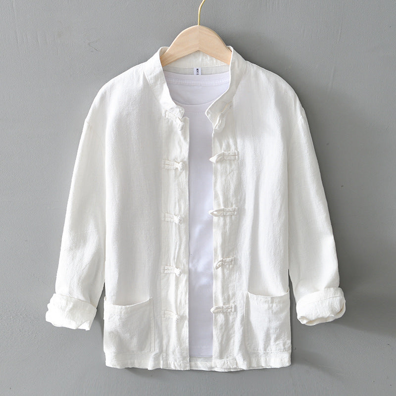 Men's lightweight linen jacket in traditional Chinese style with stand-up collar and knot closures Mune Fashion