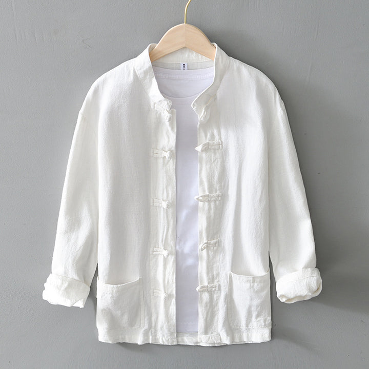 Men's lightweight linen jacket in traditional Chinese style with stand-up collar and knot closures Mune Fashion