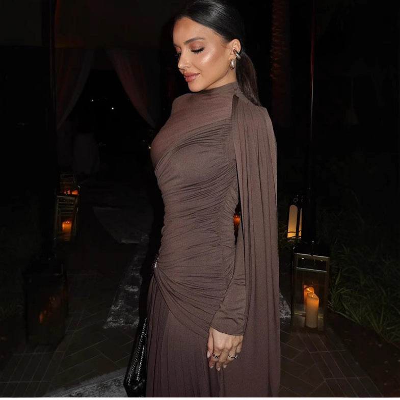 Women's figure-hugging evening dress with asymmetrical draping, gathered bodice and long draped bow Mune Fashion