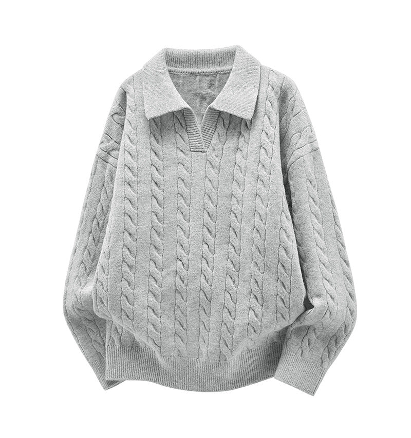 Women's Oversized Cable Knit Polo Sweater with V-Neck and Ribbed Hem Mune Fashion