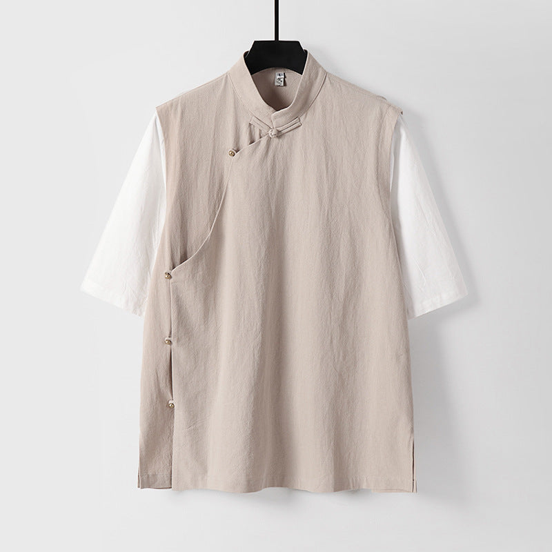 Men's Asymmetrical Linen Vest with Stand Collar and Side Button Placket Mune Fashion