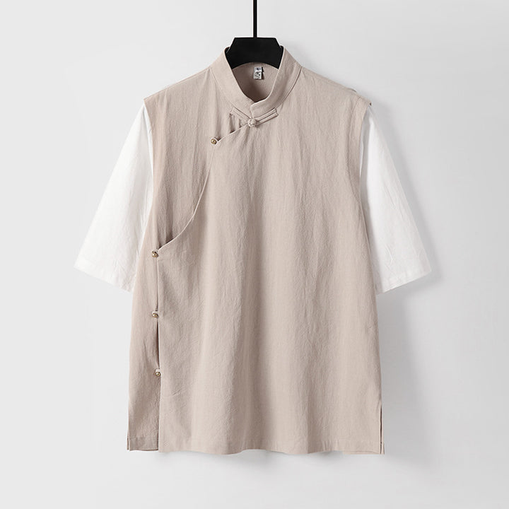 Men's Asymmetrical Linen Vest with Stand Collar and Side Button Placket Mune Fashion