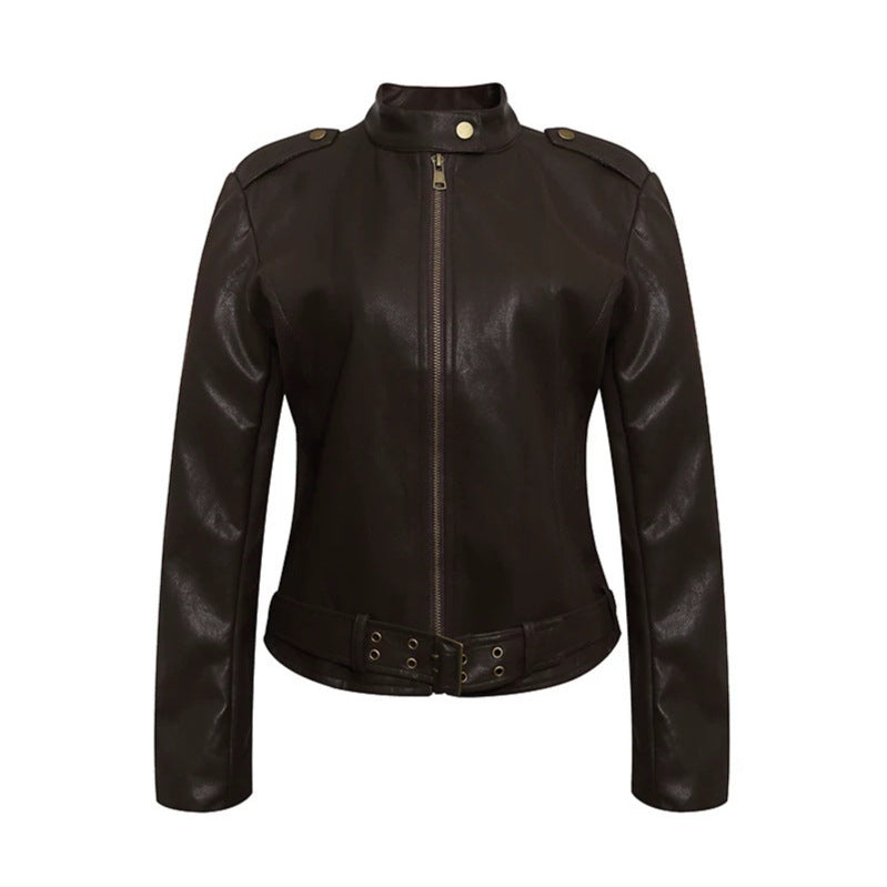 Women's Fitted Leather-Look Jacket with Stand-Up Collar, Epaulettes, and Waist Belt Mune Fashion