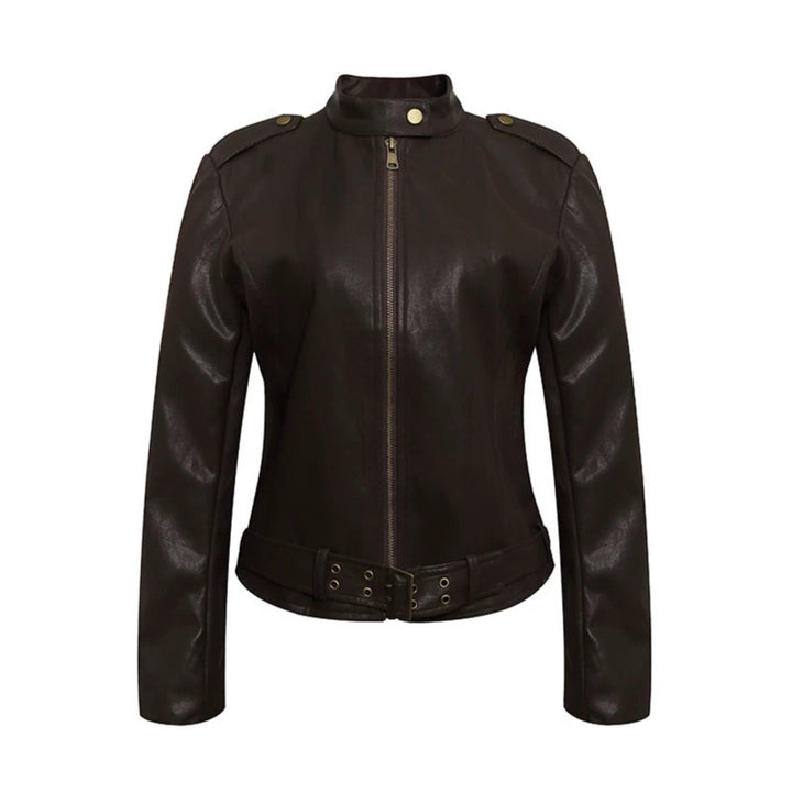 Women's Fitted Leather-Look Jacket with Stand-Up Collar, Epaulettes, and Waist Belt Mune Fashion
