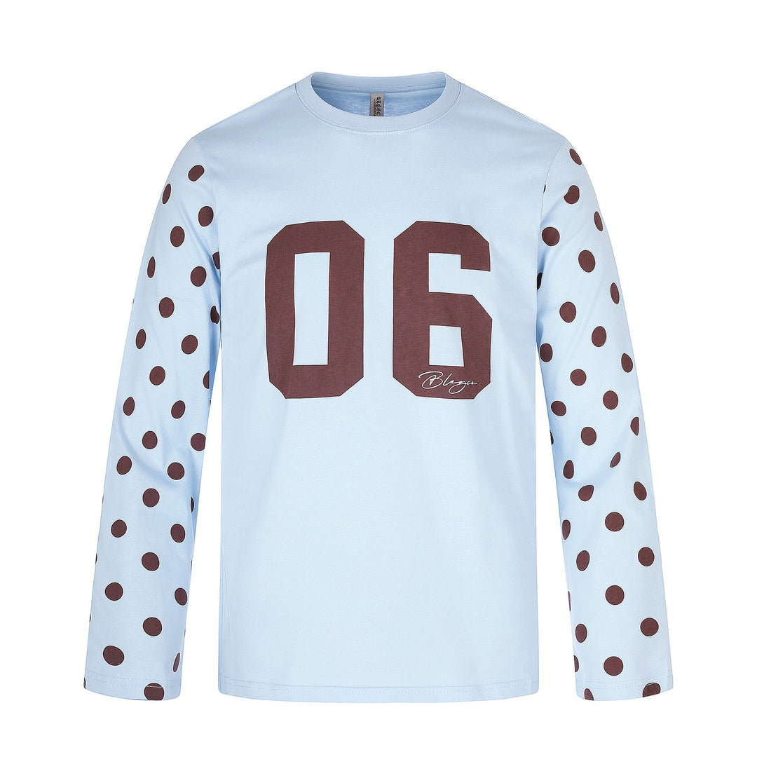 Ladies Long Sleeve Statement Shirt with Polka Dot Sleeves and Number Print Mune Fashion
