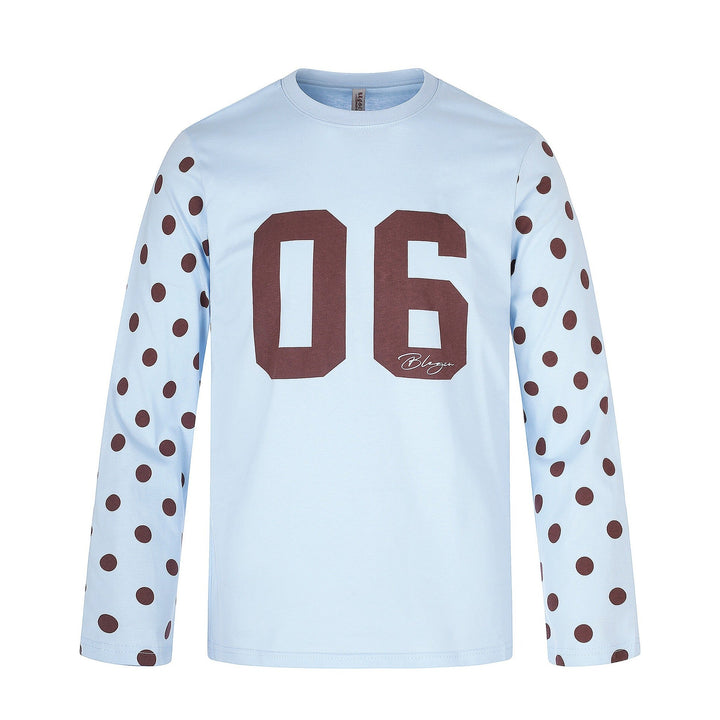 Ladies Long Sleeve Statement Shirt with Polka Dot Sleeves and Number Print Mune Fashion