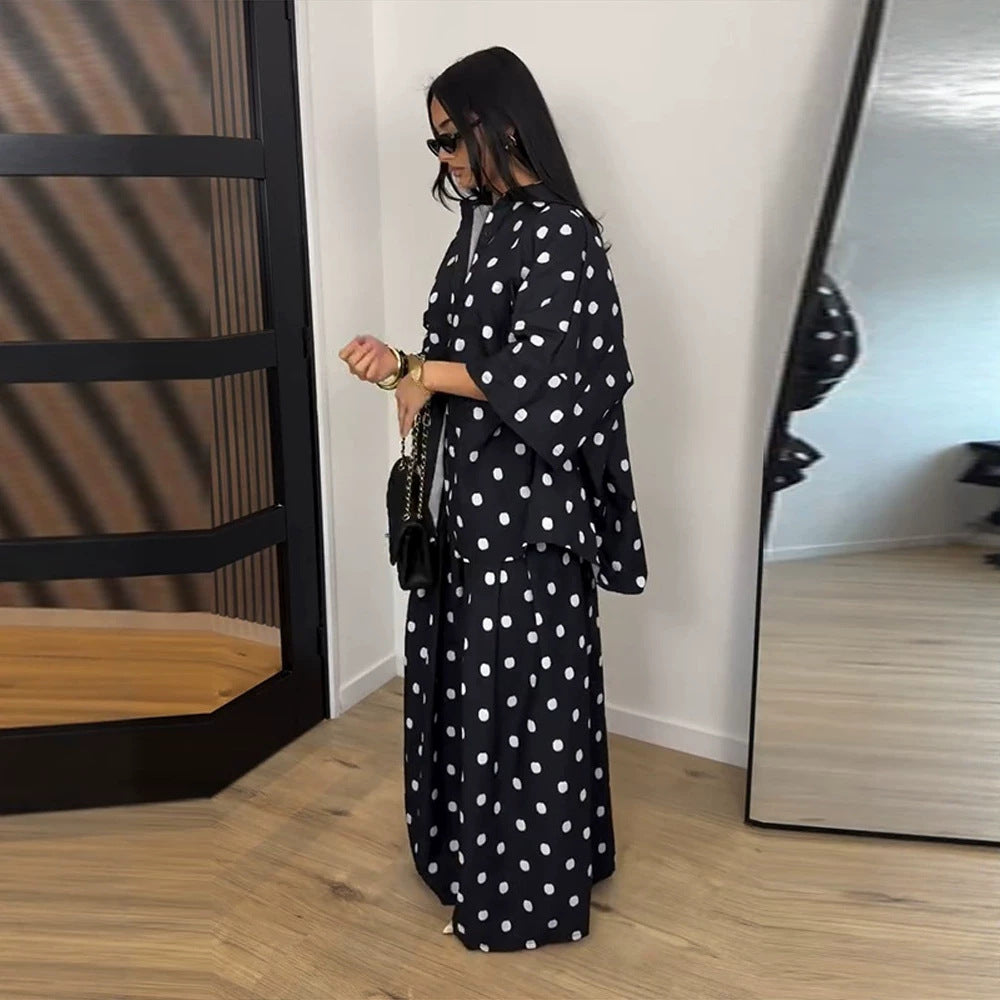 Women's Two-Piece Oversized Blouse and Palazzo Pants Set with Polka Dot Pattern Mune Fashion