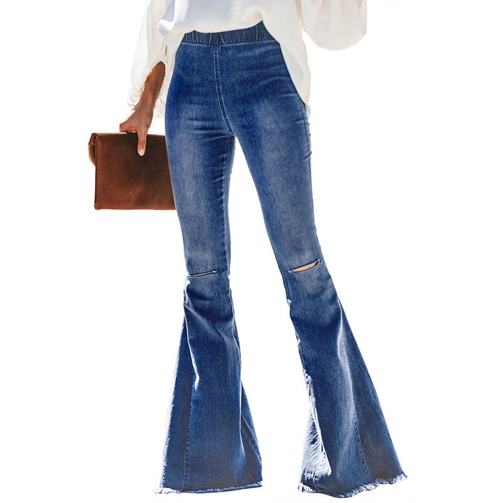 Women's high-waisted flared denim pants with elastic drawstring waistband, decorative seams, and raw hem Mune Fashion