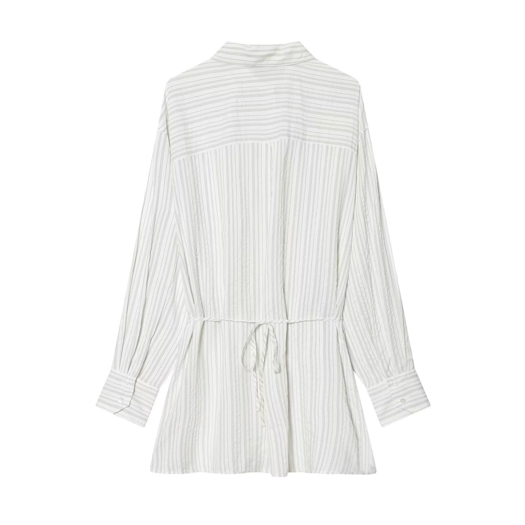 Women Striped Shirt Blouse Tunic with Drawstring Waist and Full Button Placket Mune Fashion