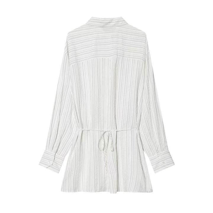 Women Striped Shirt Blouse Tunic with Drawstring Waist and Full Button Placket Mune Fashion