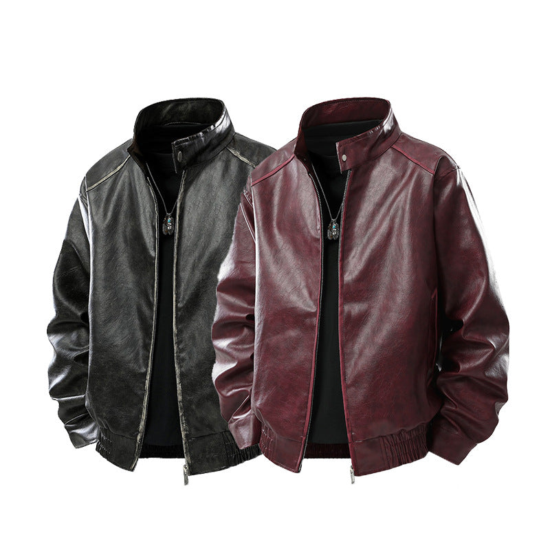 Men's Modern Cut Faux Leather Bomber Jacket with Stand Collar, Zipper and Elastic Hem Mune Fashion
