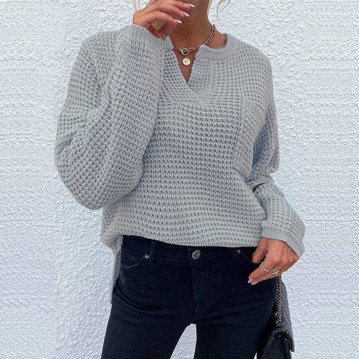 Women's Waffle Knit Sweater with V-Slit, Oversized Cut and Balloon Sleeves Mune Fashion