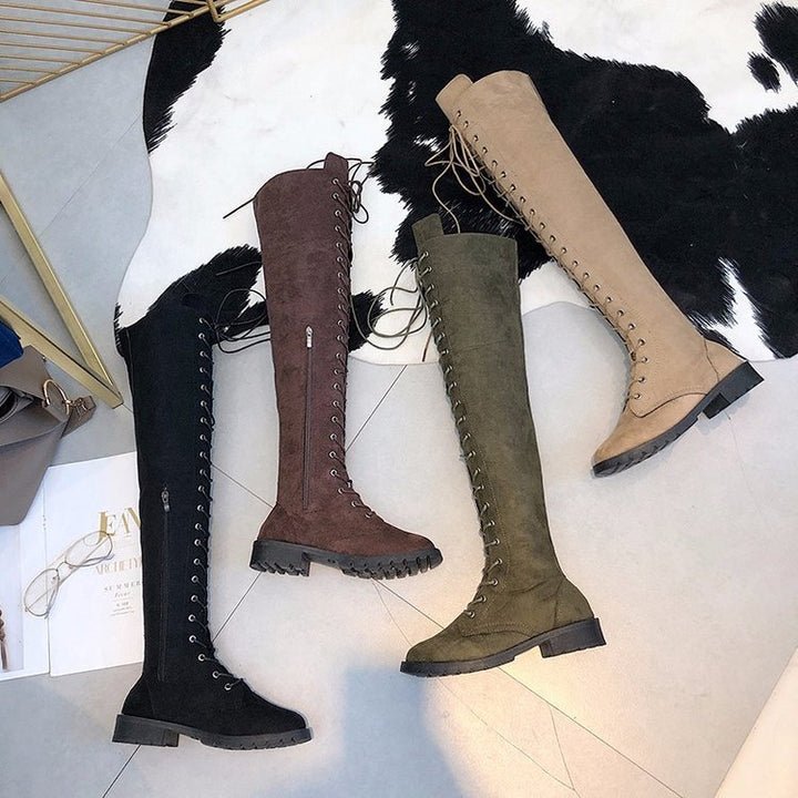 Women Knee-high Lace-up Boots with Continuous Lacing Made of Velour Imitation and Slip-resistant Profile Sole Mune Fashion