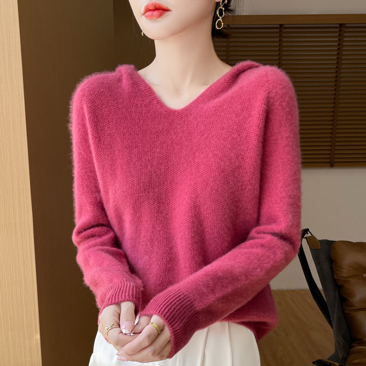 Women's Soft Mohair-Optic Hooded Sweater with V-Neck and Ribbed Hem