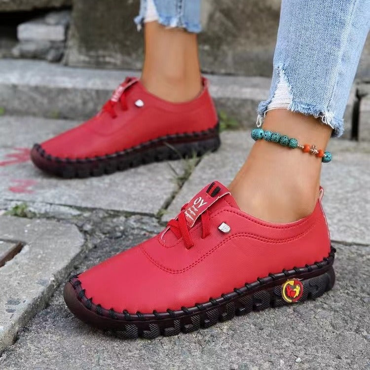 Women's hand-sewn moccasin loafers with elastic lacing, padded comfort insole, and patterned rubber sole Mune Fashion