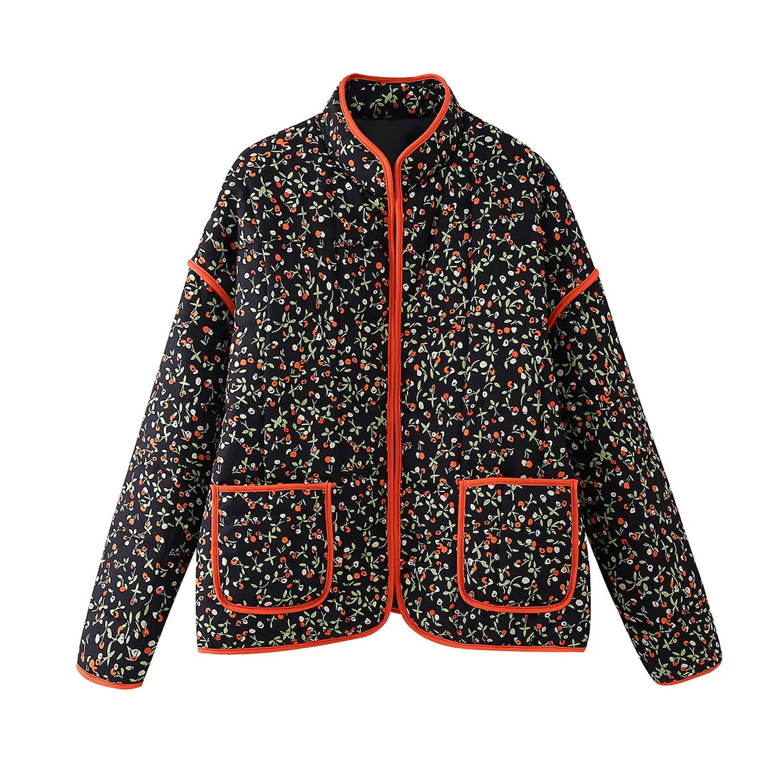 Women's quilted floral jacket with stand-up collar, zipper, and patch pockets Mune Fashion