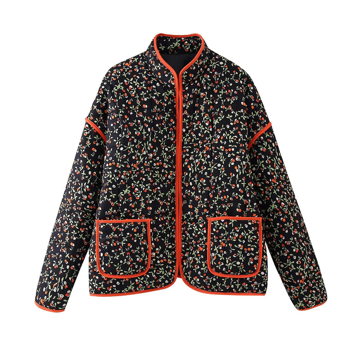 Women's quilted floral jacket with stand-up collar, zipper, and patch pockets Mune Fashion