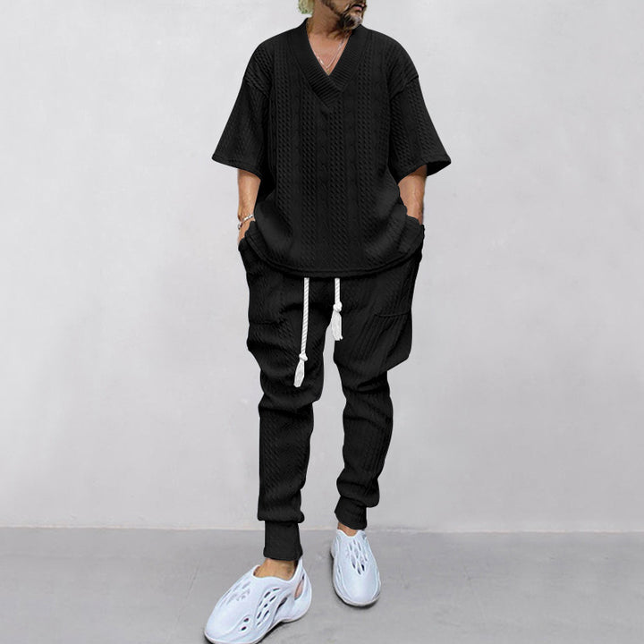 Men's casual knit set with V-neck and drawstring jogger pants Mune Fashion
