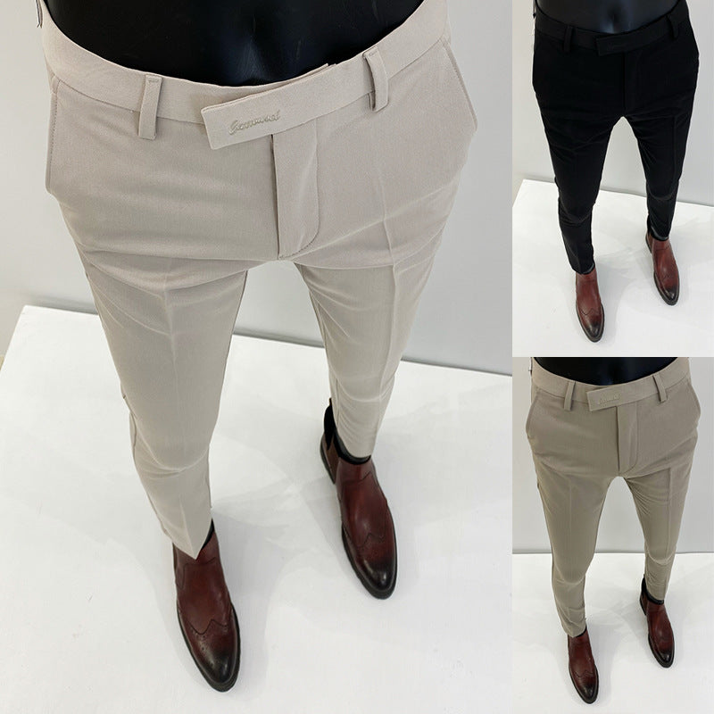 Men's slim elegant suit pants with stretch waistband, crease and narrow tapered leg Mune Fashion