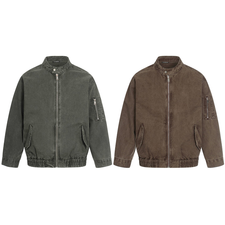 Men's short cut vintage-wash bomber jacket in boxy cut with stand-up collar and sleeve zip.