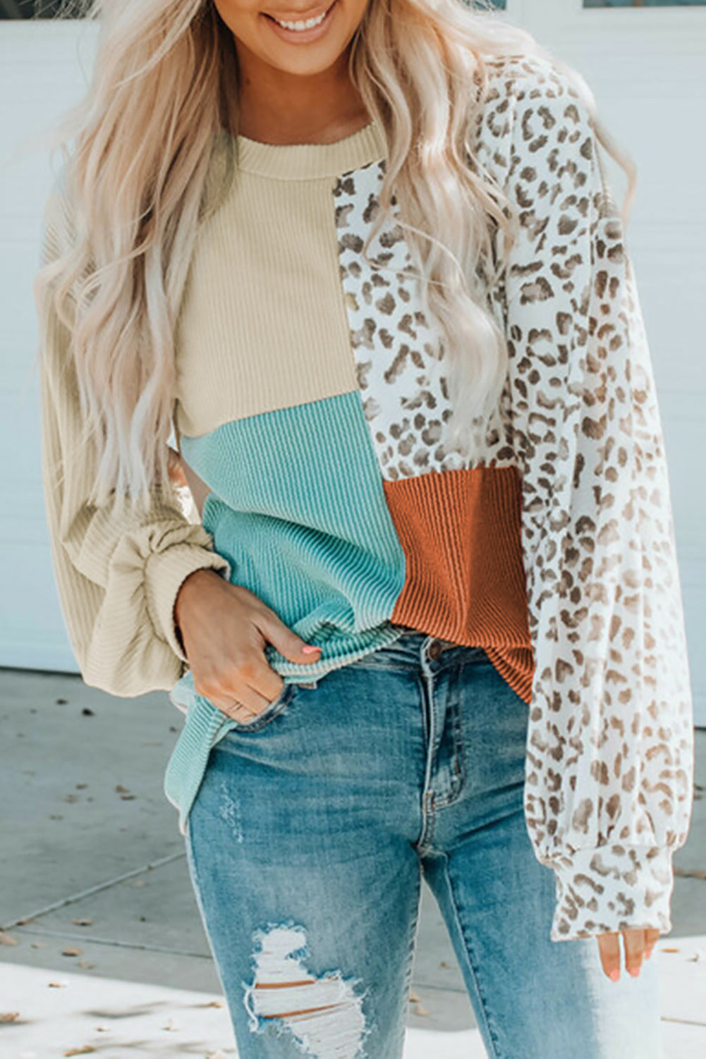 Ladies Oversize Patchwork Sweater with Animal Print and Textured Knit Mune Fashion