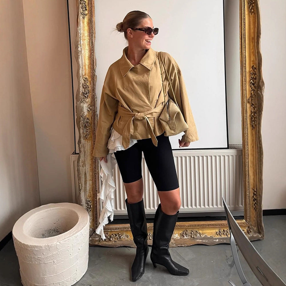 Women's Short Tailored Canvas Jacket with Tied Belt and Dropped Shoulders Mune Fashion