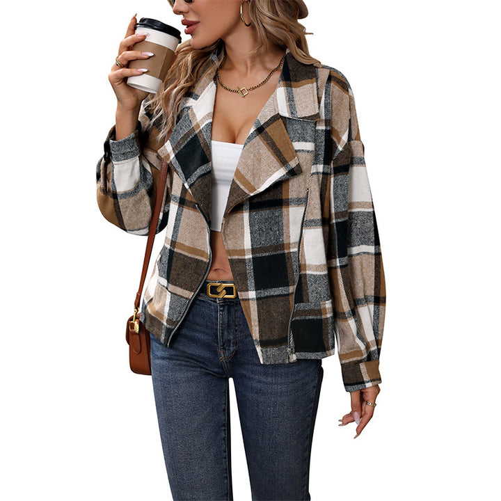 Women's Oversized Check Shacket with Notched Collar, Zipper & Patch Pockets Mune Fashion