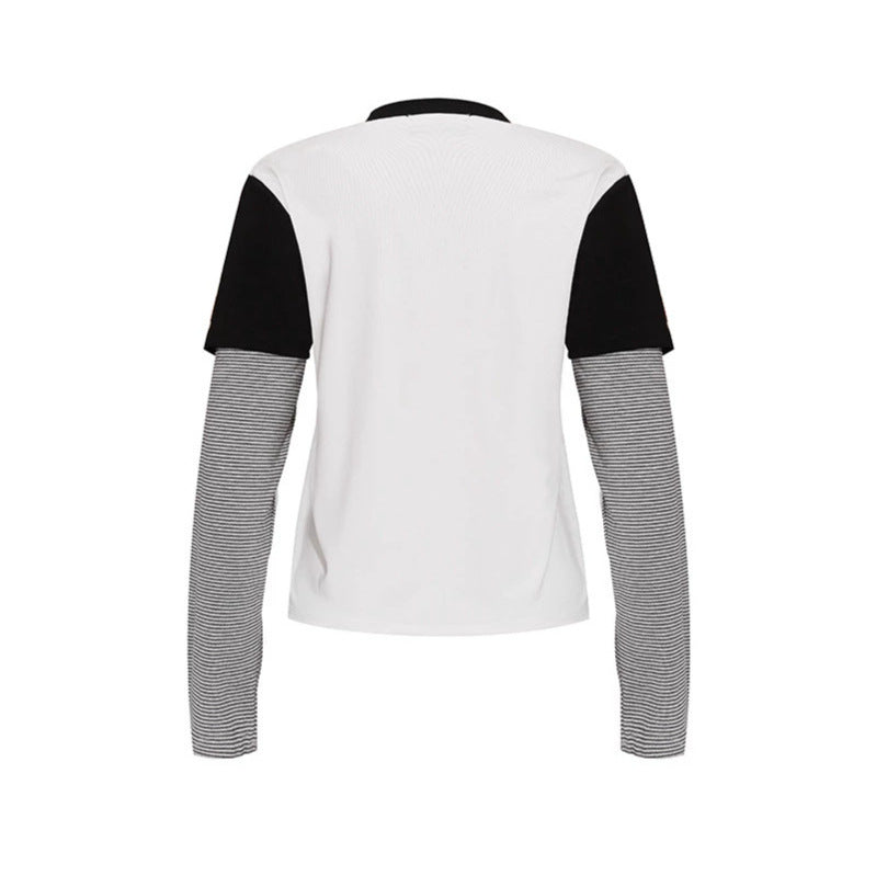 Women's Layered Long Sleeve Shirt with Photo Print, Contrasting Short Sleeves and Striped Inner Sleeves Mune Fashion