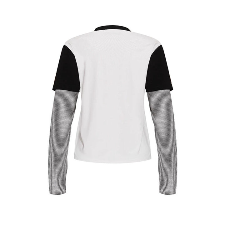Women's Layered Long Sleeve Shirt with Photo Print, Contrasting Short Sleeves and Striped Inner Sleeves Mune Fashion