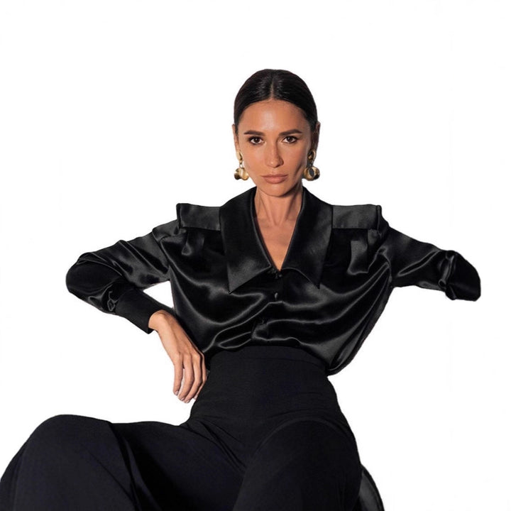 Women Satin Blouse with Oversized Lace Collar and Elegant Long Sleeves Mune Fashion