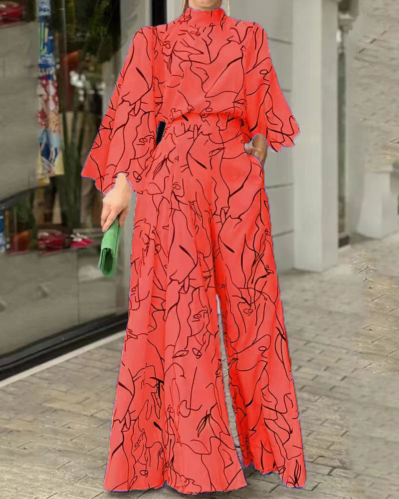 Women's Elegant Longline Jumpsuit with Stand Collar, Balloon Sleeves and Side Pockets