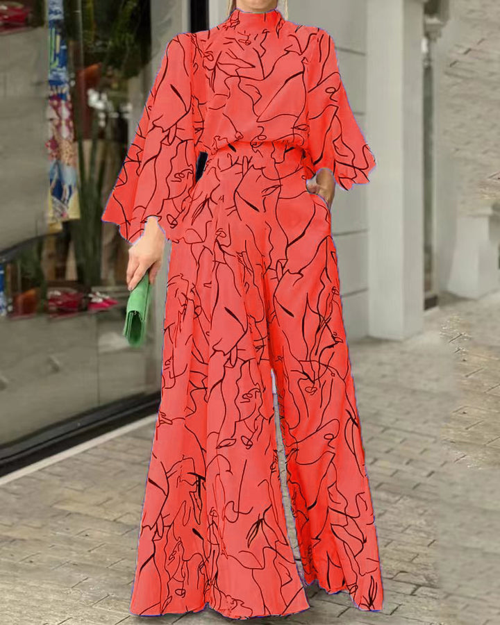 Women's Elegant Longline Jumpsuit with Stand Collar, Balloon Sleeves and Side Pockets