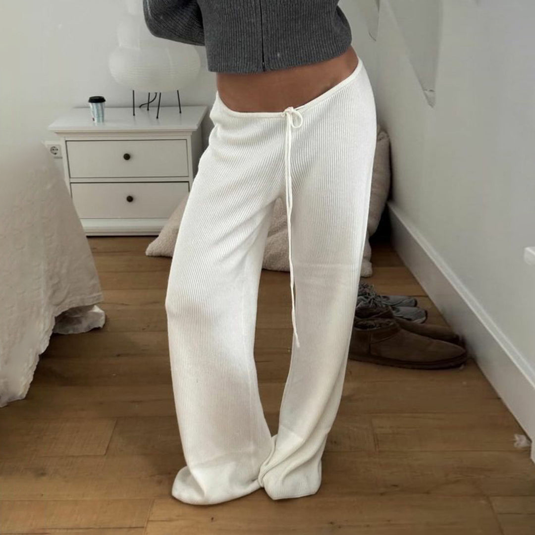 Women's casual lounge pants with wide leg, elastic drawstring waistband and fine ribbed knit Mune Fashion