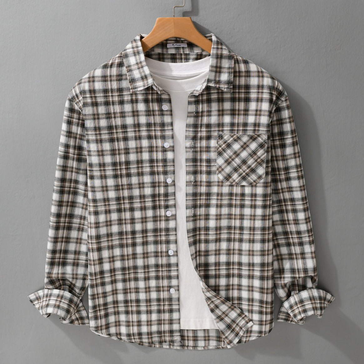 Men's Loose Check Layering Shirt made of lightweight cotton blend with diagonal patterned patch pocket Mune Fashion