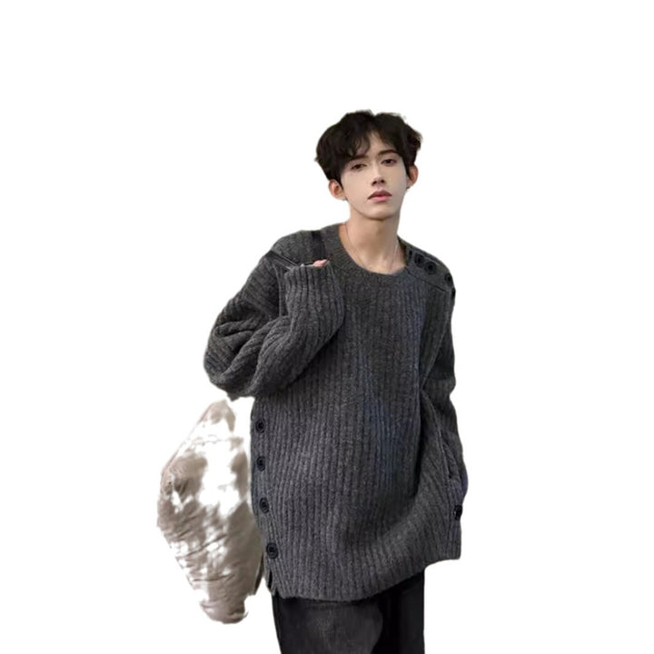 Men's Chunky Knit Oversized Sweater with Round Neckline and Shoulder Button Placket Mune Fashion