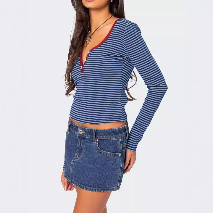 Ladies tailored cropped long sleeve shirt with button placket and deep round neckline Mune Fashion