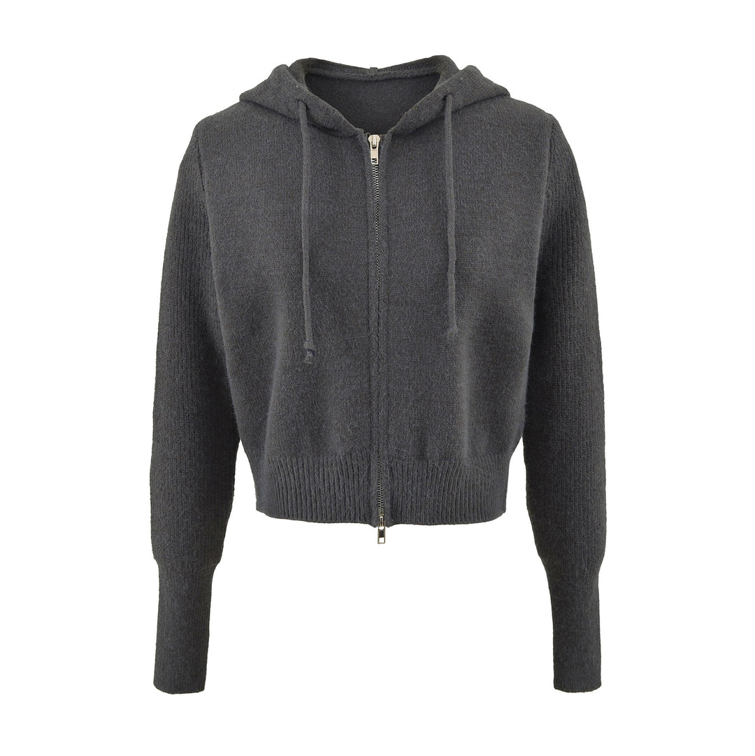 Women's Short Hooded Cardigan with Zipper and Fitted Ribbed Hem Mune Fashion