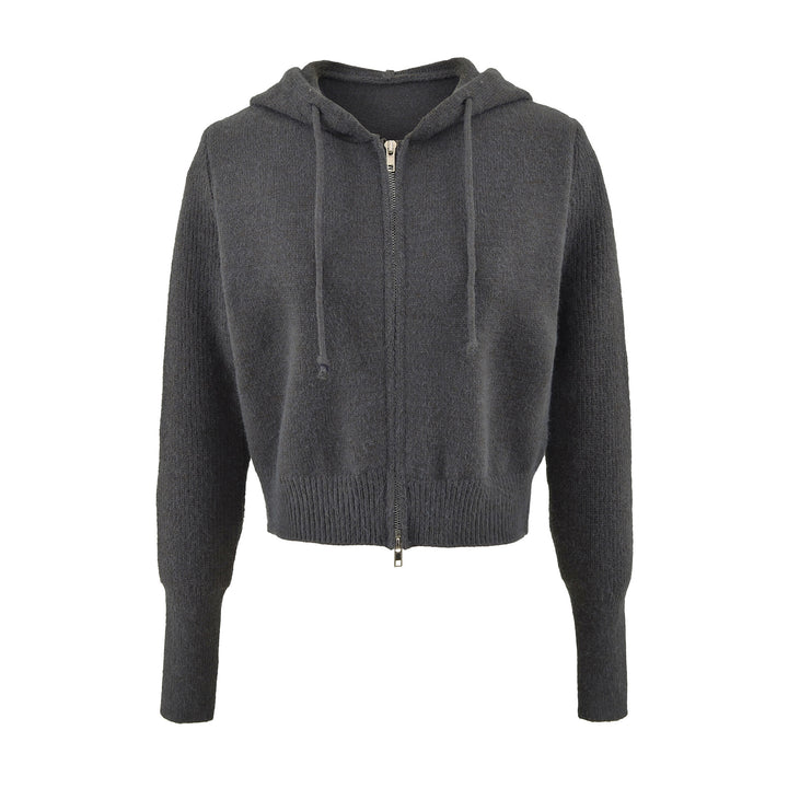 Women's Short Hooded Cardigan with Zipper and Fitted Ribbed Hem Mune Fashion